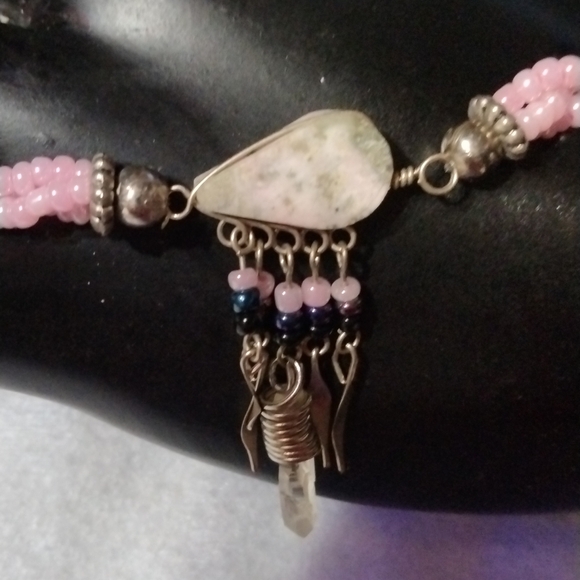 Pink Jasper and crystal ankle bracelet silver tone NWT (sku 724) - Picture 1 of 5